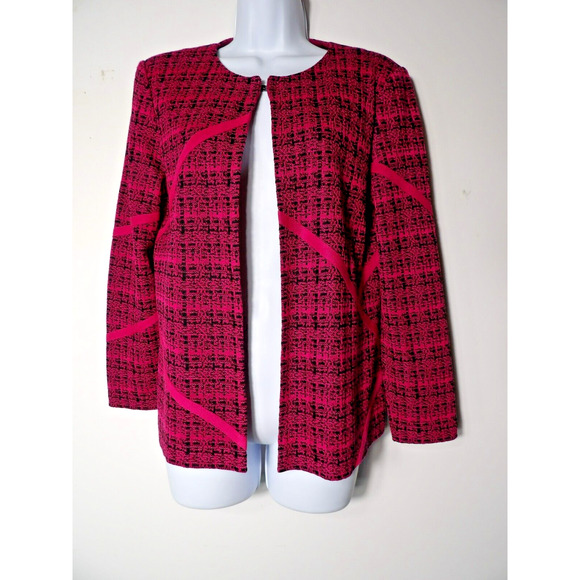 Ming Wang Petite Medium PM Cardigan Pink Black Textured Open Front Artsy - Picture 2 of 12